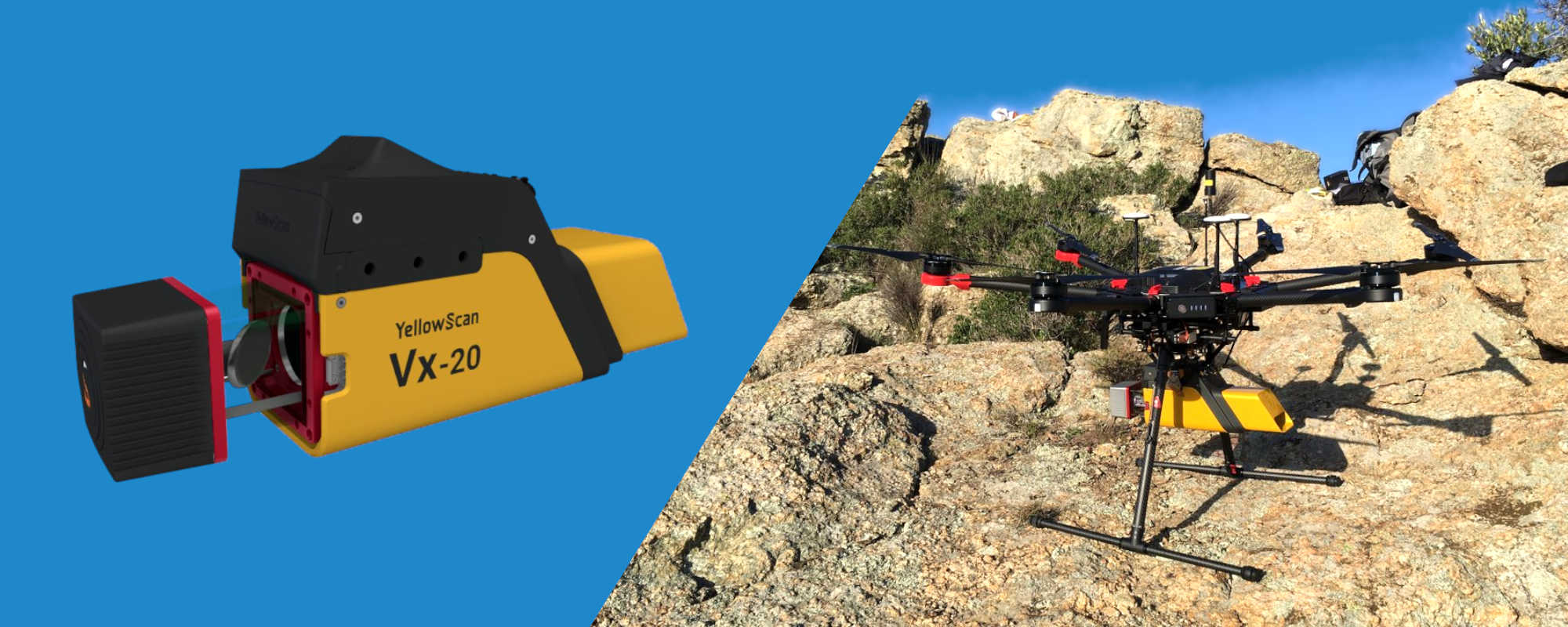 Un LiDAR YellowScan VX-20 sous un drone DJI Matrice 600